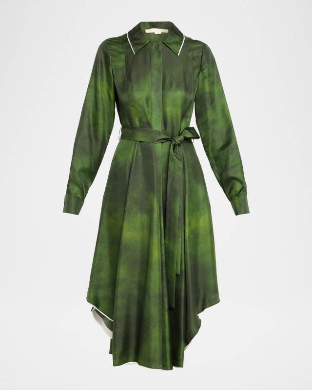 Smudged Canvas Silk Twill Midi Shirtdress With Belt